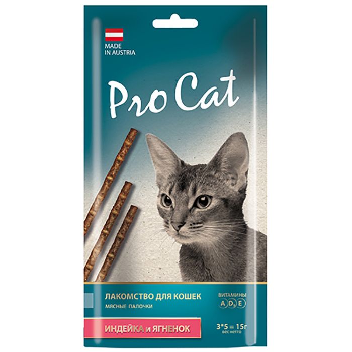 Лакомство для кошек Pro Cat Лакомые палочки с индейкой и ягненком 13,5 см. (3 шт х 5 г.) 15 г. фото