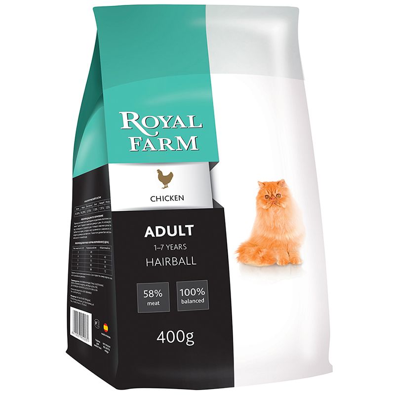 

Корм для кошек ROYAL FARM, для вывода шерсти, курица сух. 400г