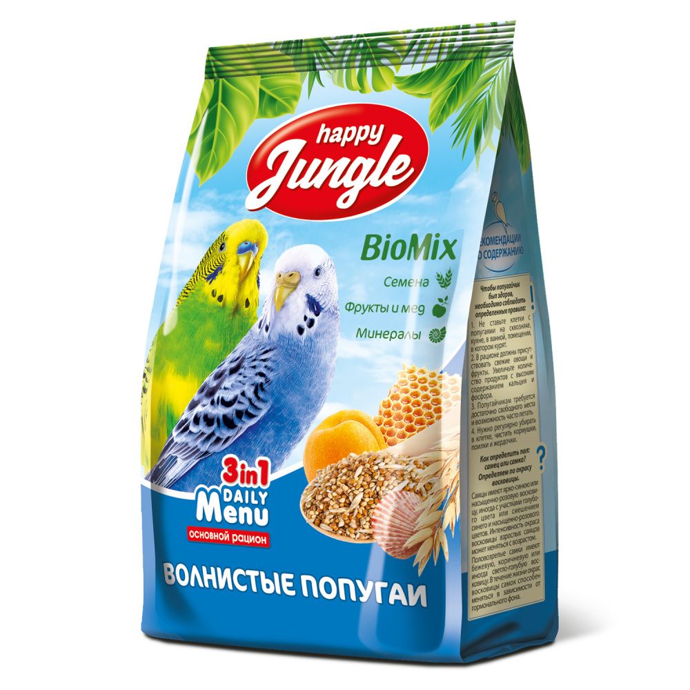 happy jungle корм для волнистых попугаев 500 гр 2 шт Корм для птиц HAPPY JUNGLE для волнистых попугаев 500г