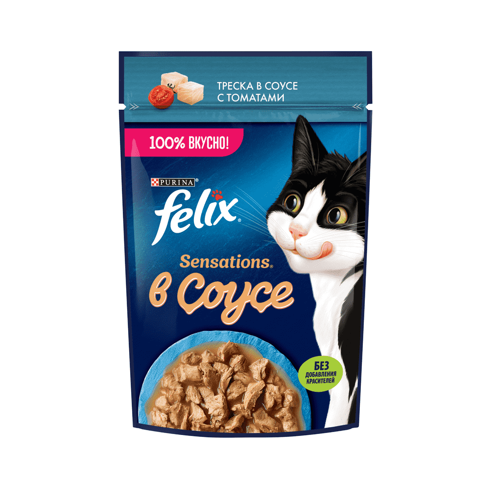 цена Корм для кошек FELIX Sensations Соус треска с томатами пауч 75г