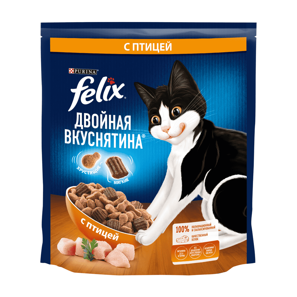 Корм для кошек FELIX Двойная вкуснятина с птицей сух. 600г