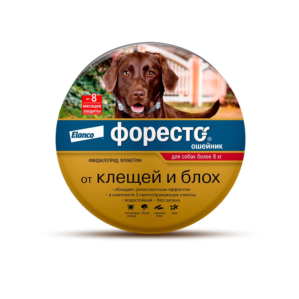 цена Ошейник для собак Elanco Форесто от 8кг от клещей, блох и вшей, защита 8 месяцев 70см