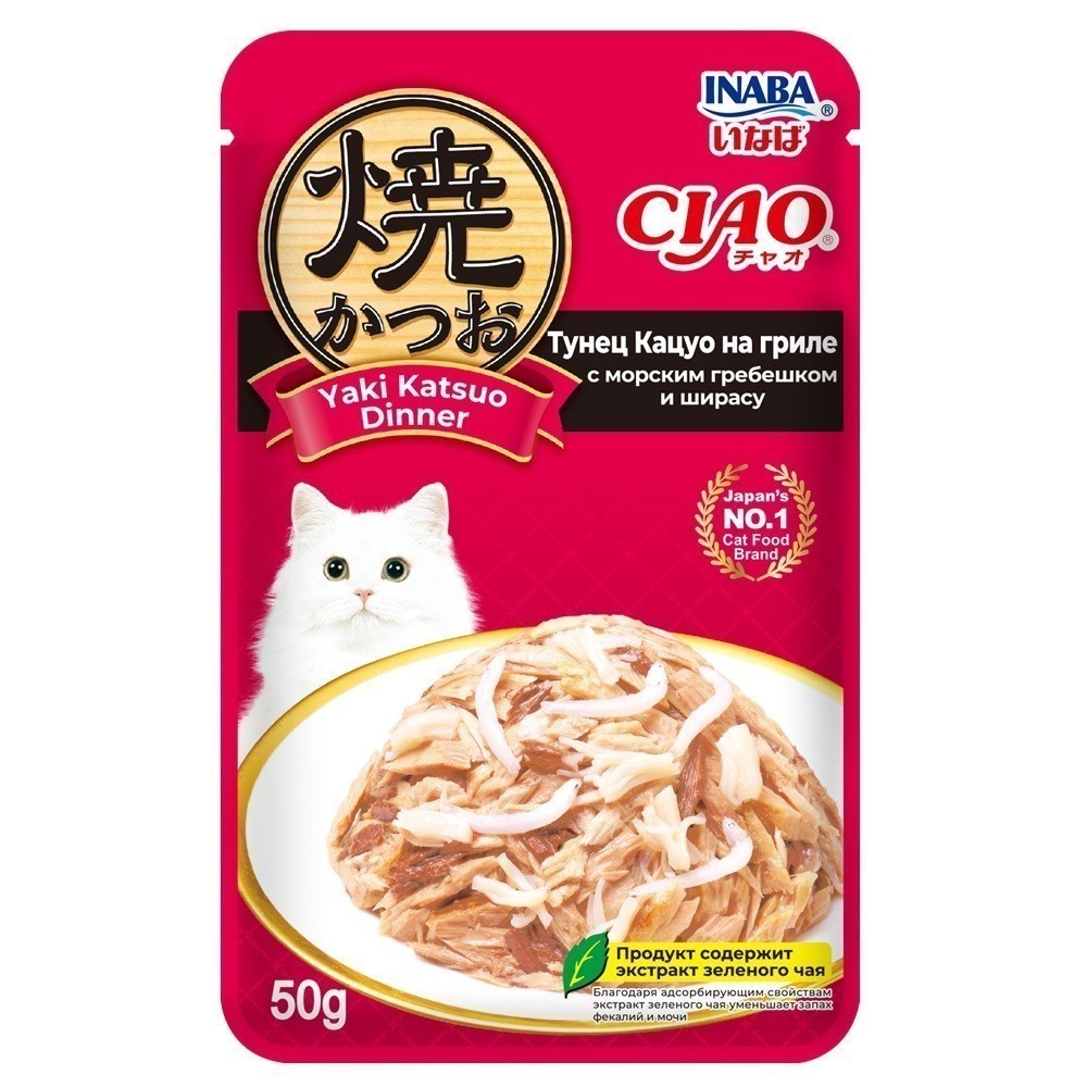 Корм для кошек INABA Ciao Yaki Katsuo Dinner Тунец Кацуо на гриле с морским гребешком и ширасу пауч 50г 188₽