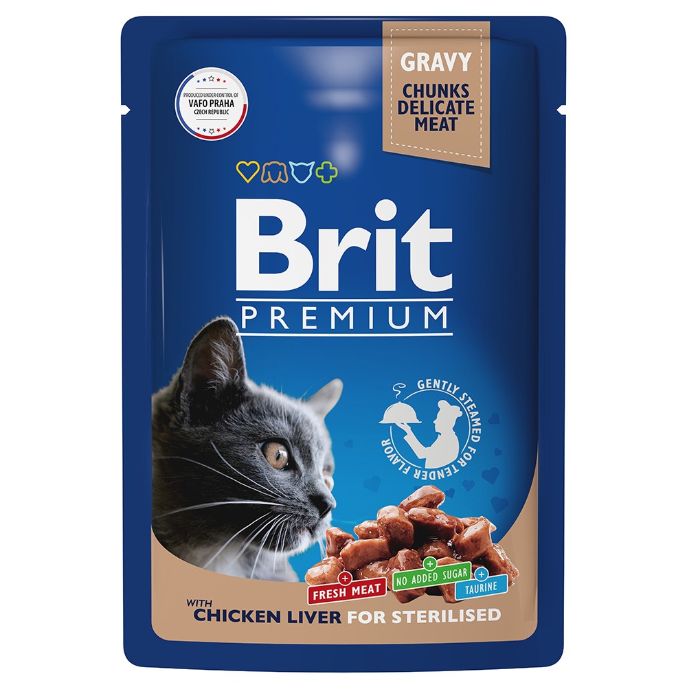 корм для кошек brit premium cat gravy кусочки из филе тунца в соусе пауч 85г Корм для кошек Brit для стерилизованных, куриная печень в соусе пауч 85г