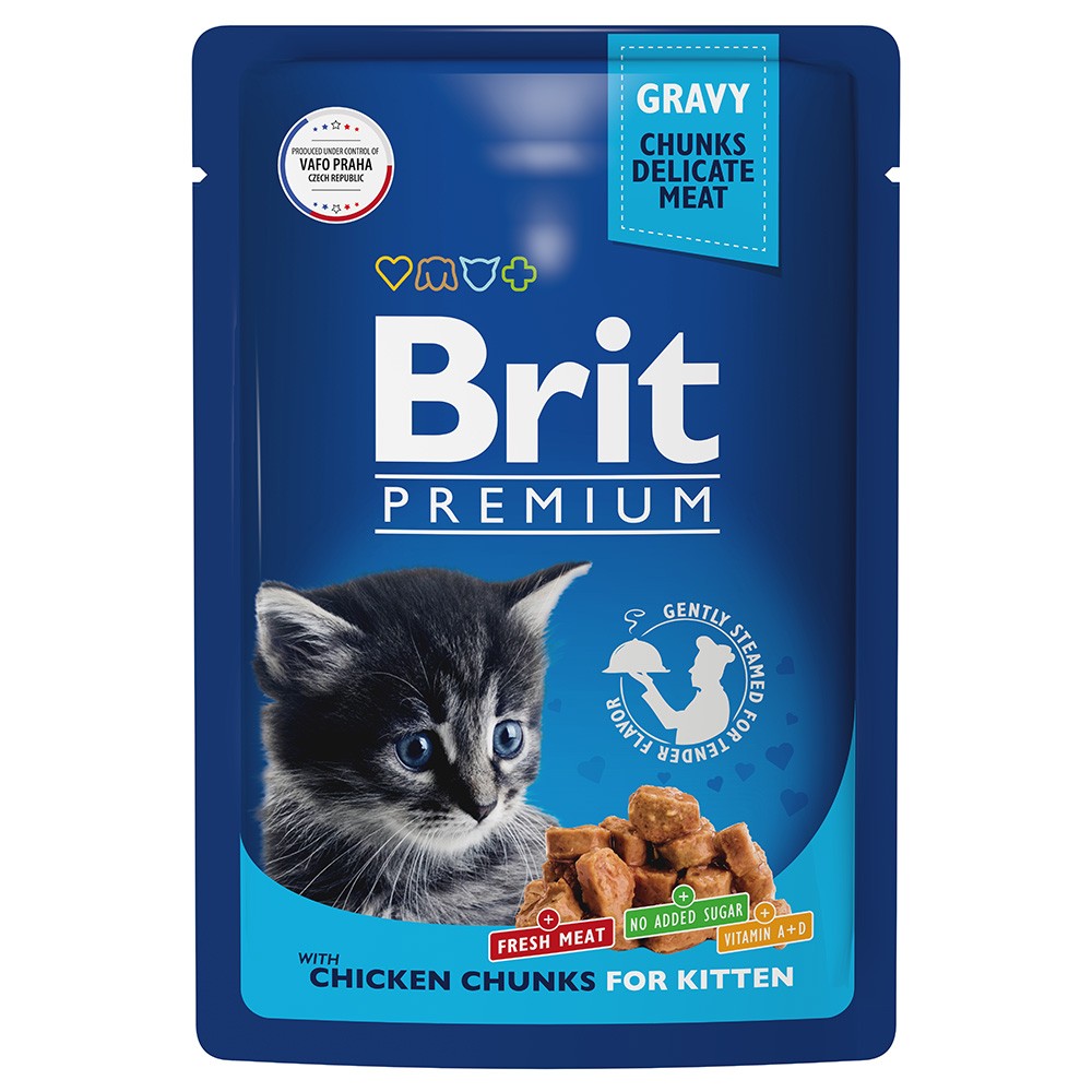 корм для кошек brit утка в соусе пауч 85г Корм для котят Brit Premium цыпленок в соусе пауч 85г