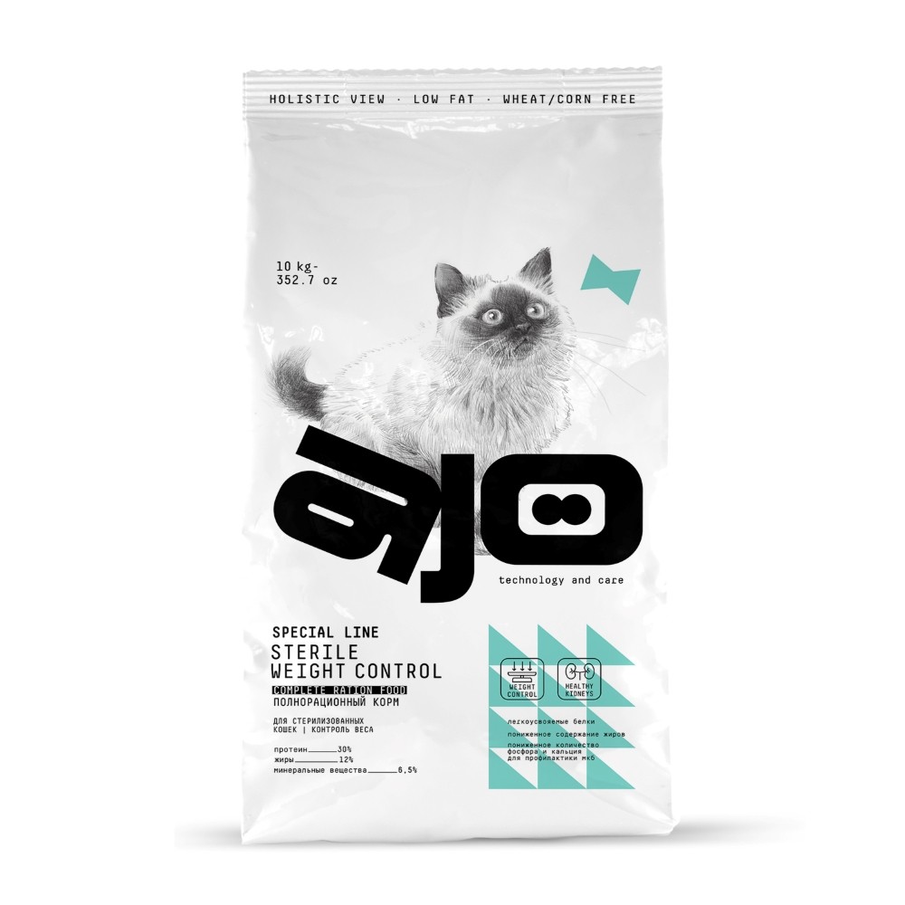 Корм для кошек AJO Cat Sterile Weight Control для стерилизованных, контроль веса, курица сух. 10кг