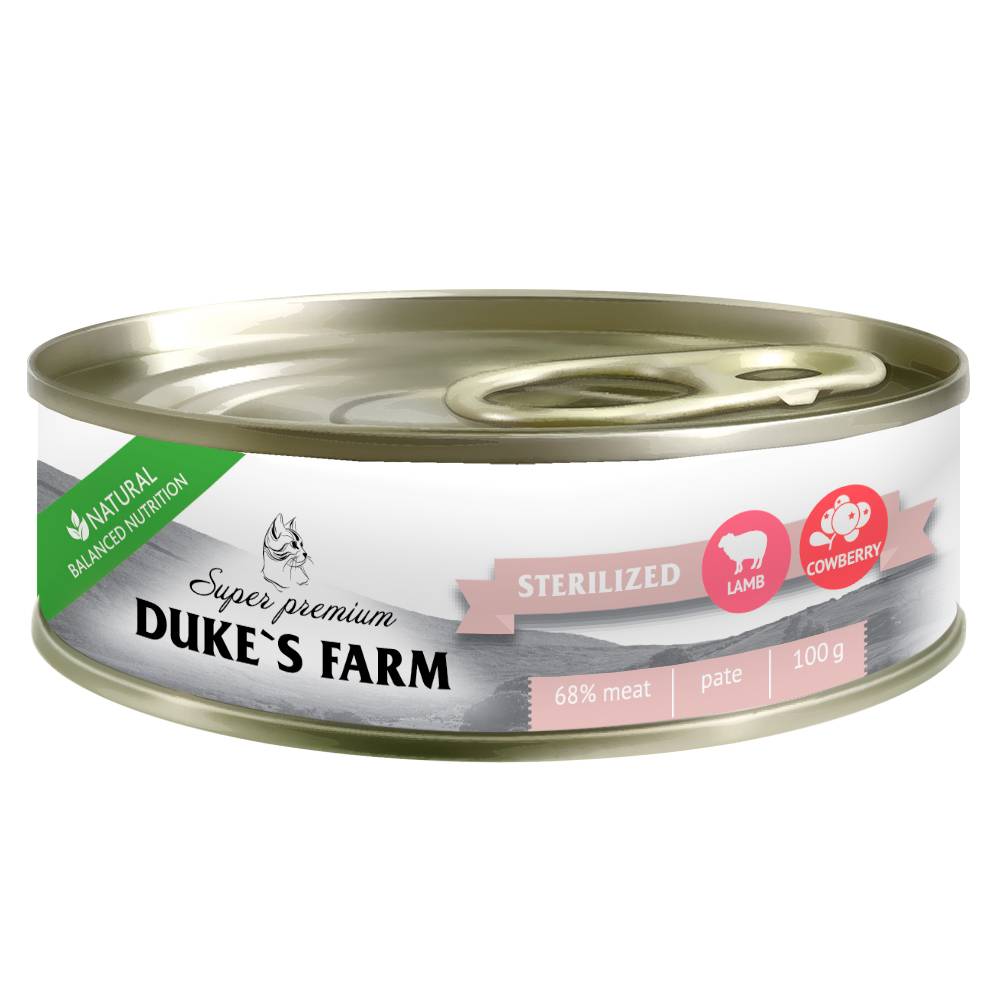 цена Корм для стерилизованных кошек DUKE'S FARM из ягненка с брусникой и шпинатом 100г