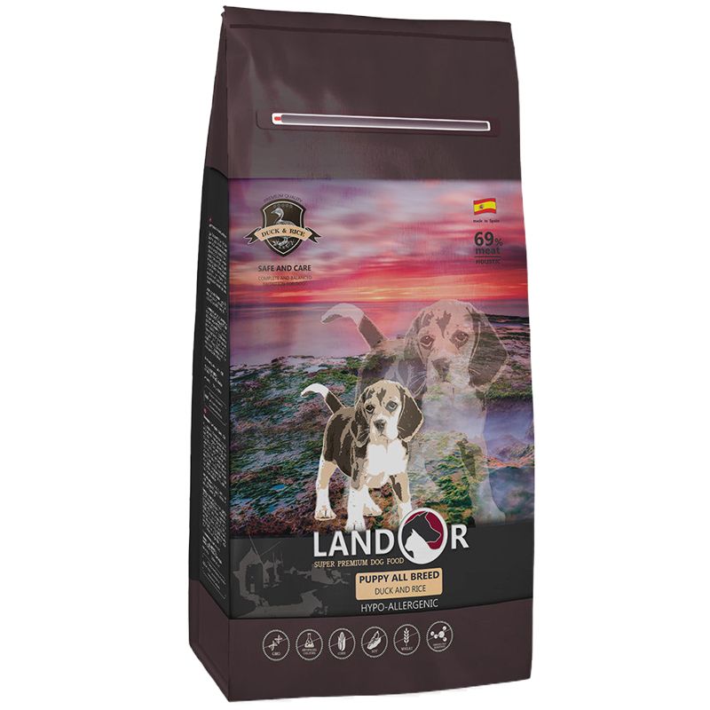 

Корм для щенков LANDOR, от 1 до 18 месяцев утка с рисом сух. 1кг