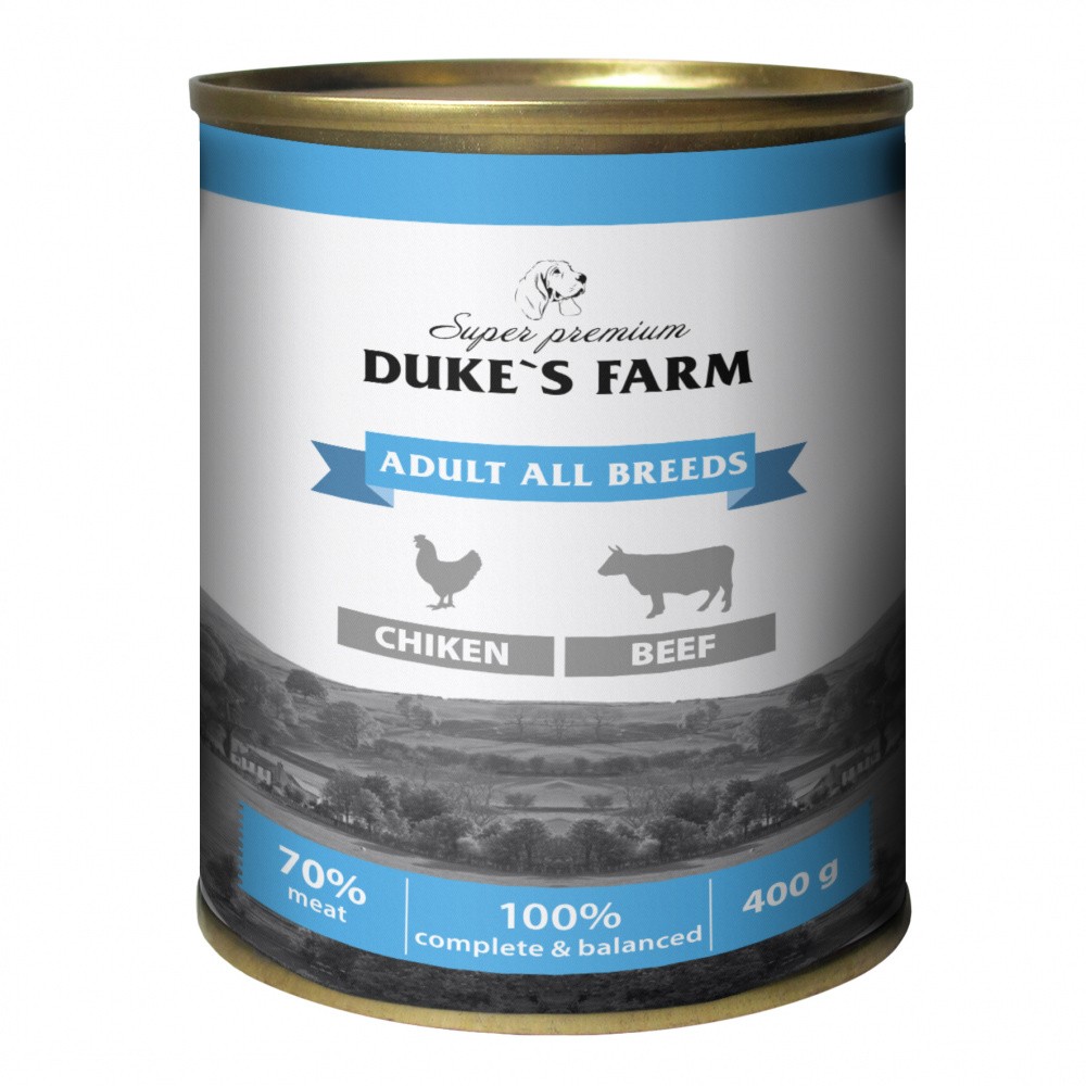 цена Корм для собак DUKE'S FARM Паштет из курицы с говяжьими потрошками банка 400г