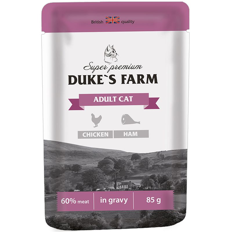 

Корм для кошек DUKE'S FARM, курица, ветчина конс. пауч 85г