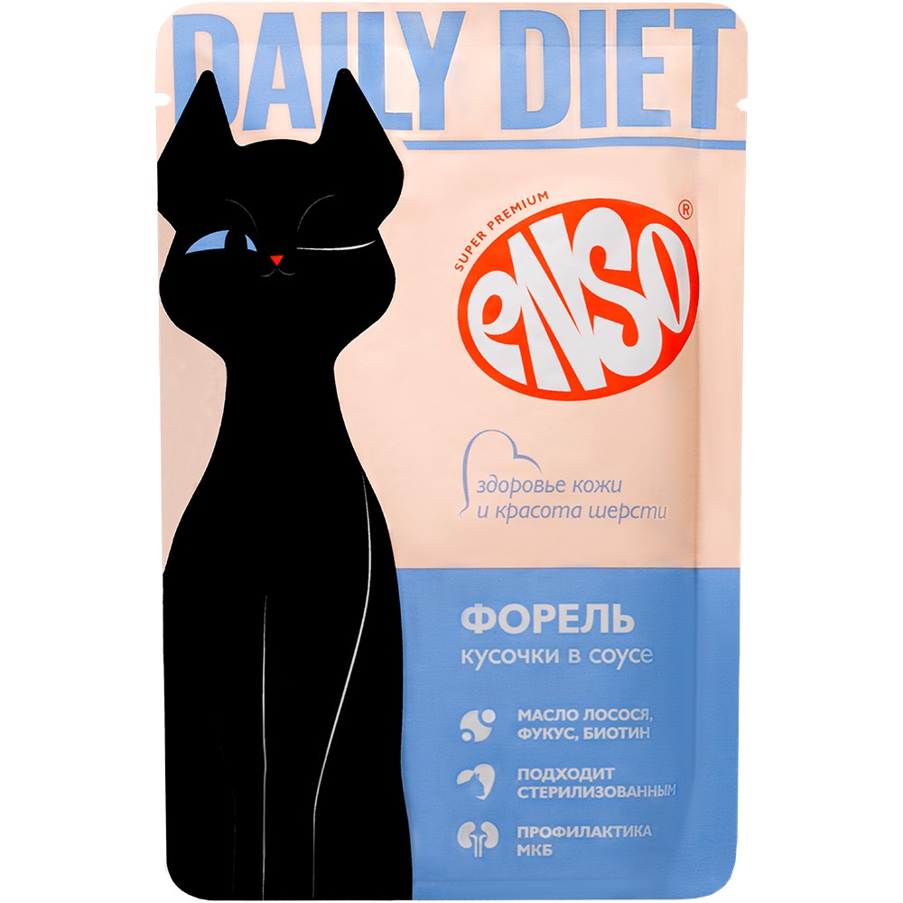 Корм для кошек ENSO Daily Diet поддерж.здор.кожи и красоты шерсти,кусочки в соусе с форелью пауч 85г