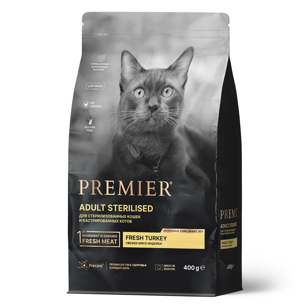 Корм для кошек PREMIER Cat для стерилизованных, свежее мясо индейки сух. 400г