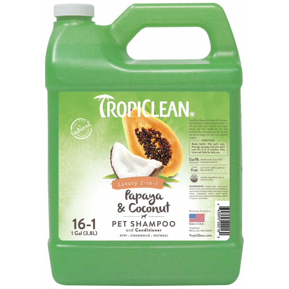 

Шампунь+кондиционер для собак и кошек TROPICLEAN, 2 в 1 Папайя плюс 16:1 3,78л