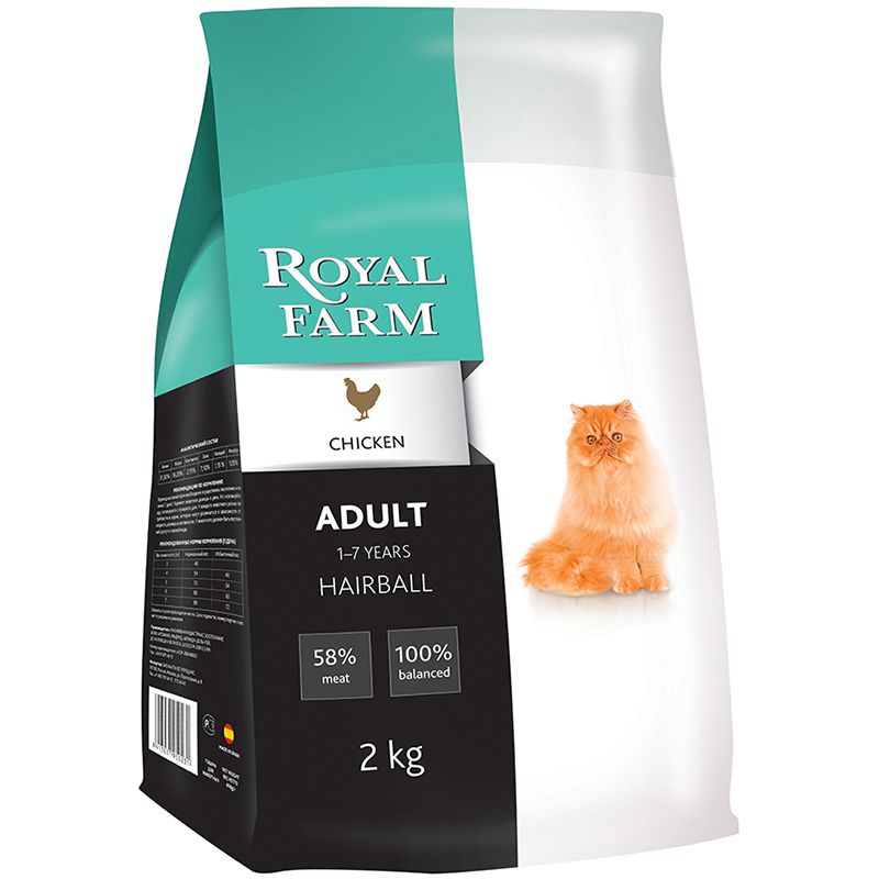 

Корм для кошек ROYAL FARM, для вывода шерсти, курица сух. 2кг
