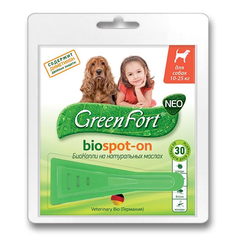 

БиоКапли Green Fort, Neo spot-on от блох и клещей для средних собак 10-25кг, 1,5мл