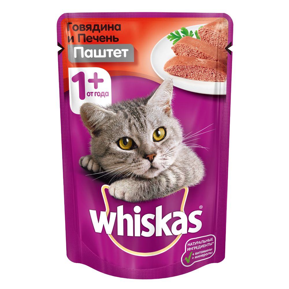 Корм для кошек Whiskas говядина, печень паштет конс. 85г