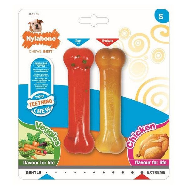 

Игрушка для щенков Nylabone Набор Косточки с ароматами курицы и овощей S, Набор Косточки с ароматами курицы и овощей S