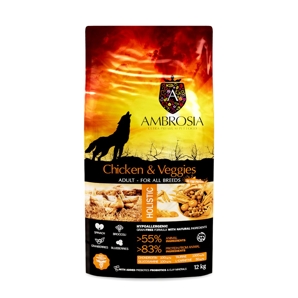 Корм для собак AMBROSIA Grain Free беззерновой для всех пород, с курицей и овощами 12кг корм для собак monge grain free беззерновой для всех пород утка картофель сух 12кг