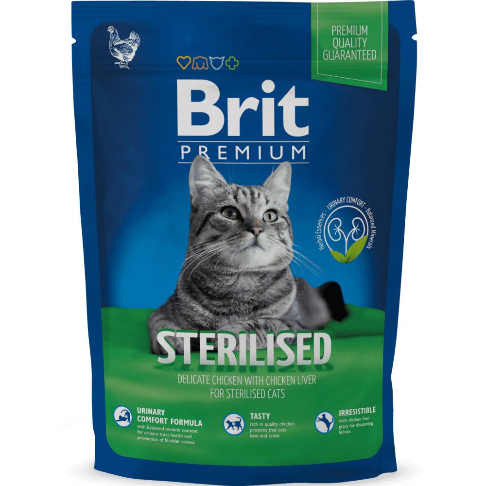 Корм для кошек Brit Premium Cat Sterilised для кастрированных котов, курица, куриная печень сух.300г