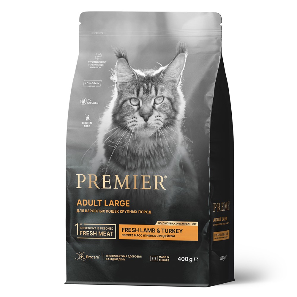 Корм для кошек PREMIER Cat Adult Large для крупных пород, свежее мясо ягненка с индейкой сух. 400г