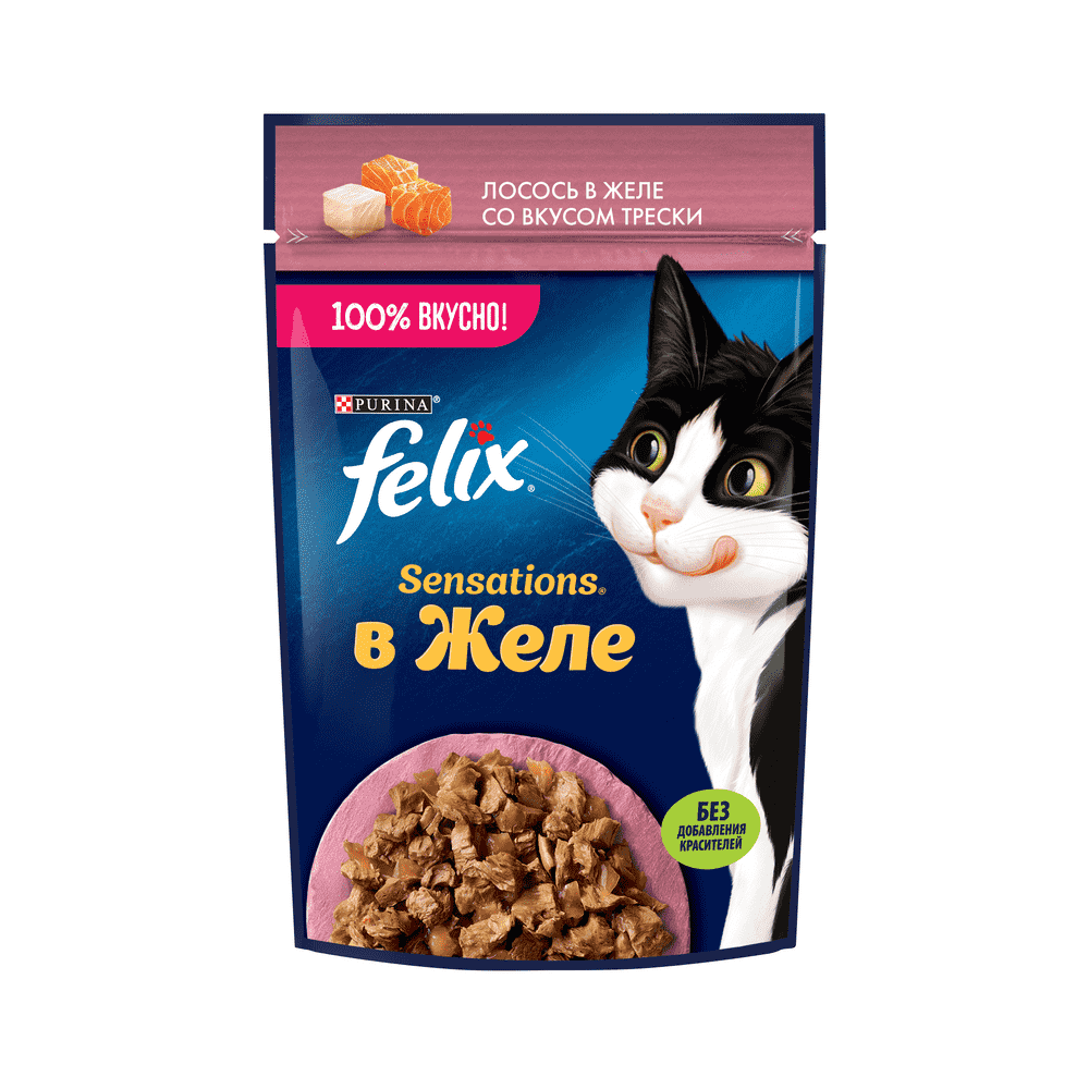 Корм для кошек FELIX Sensations Желе лосось с треской пауч 75г корм для кошек felix природа вкуса лосось пауч 75г