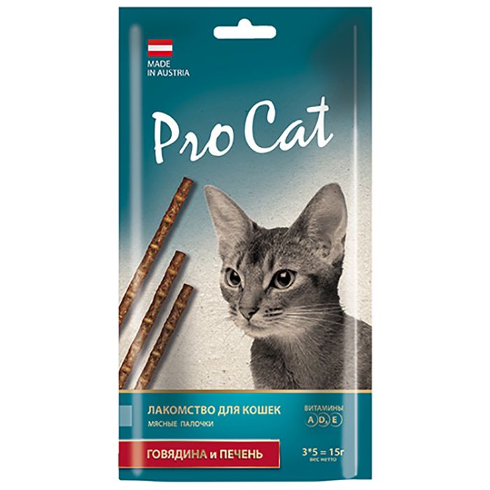 Лакомство для кошек Pro Cat Лакомые палочки с говядиной и печенью 13,5 см. (3 шт.х 5 г.) 15 г. фото