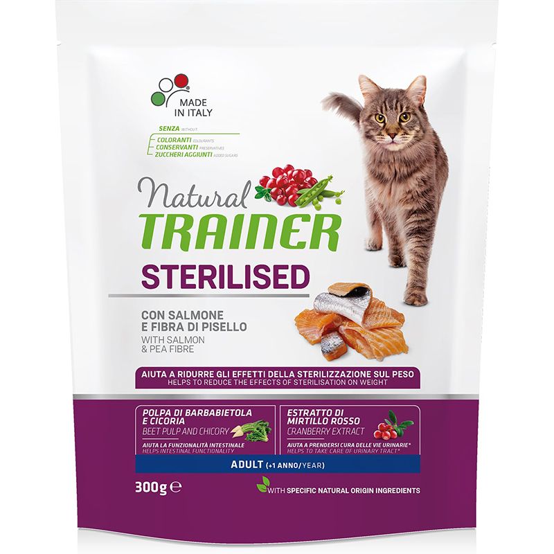 

Корм для кошек TRAINER, Natural Adult Sterilised для кастрированных, лосось сух. 300г