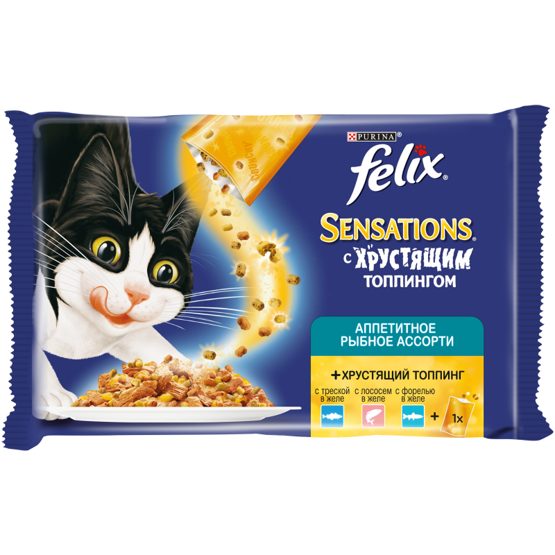 

Корм для кошек FELIX Sensations с хрустящей начинкой, рыба пауч 3х85г + топпинг НАБОР, Sensations с хрустящей начинкой, рыба пауч 3х85г + топпинг НАБОР