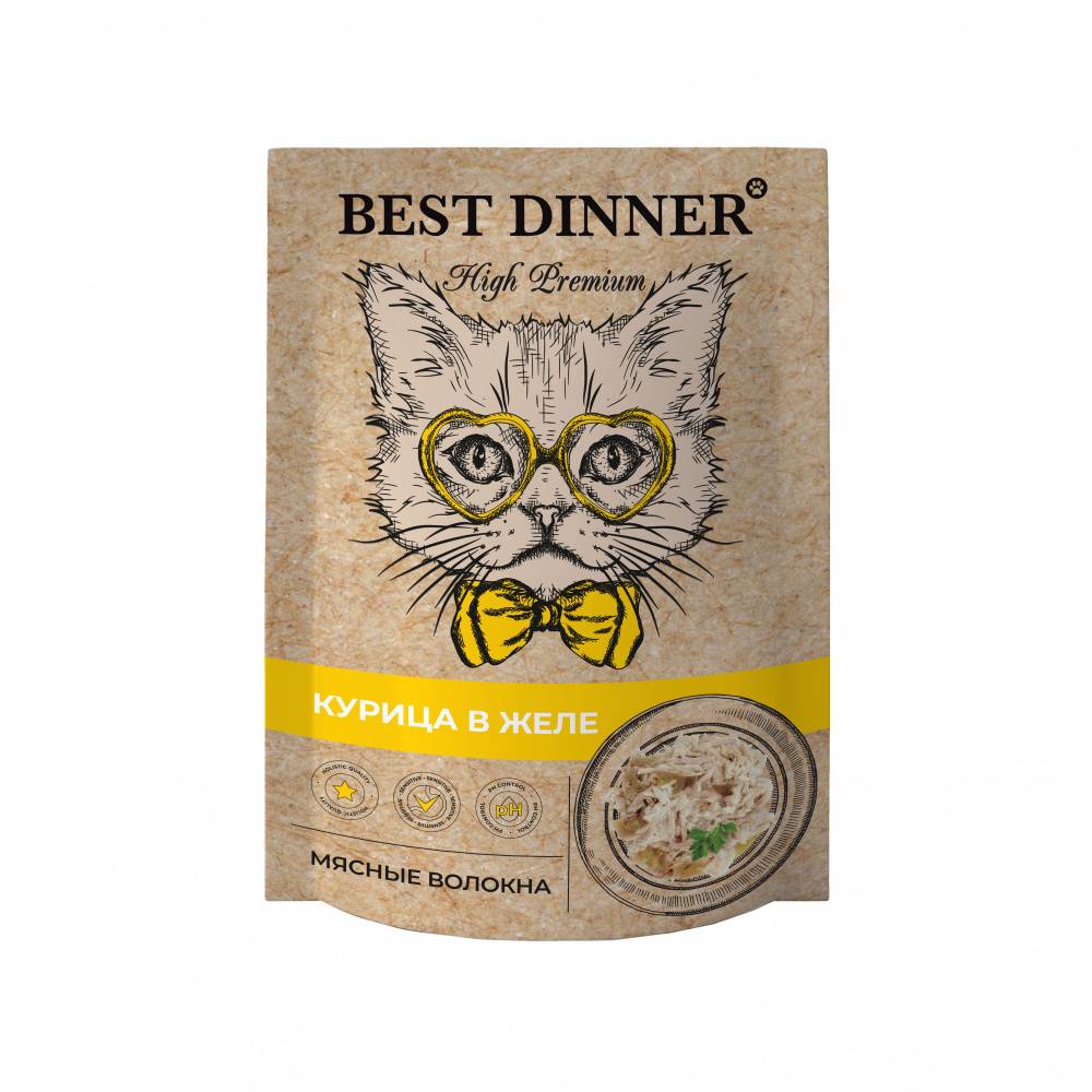 Корм для кошек Best Dinner High Premium Курица в желе волокна филе грудки пауч 85г корм для кошек brit premium треска в желе пауч 85г