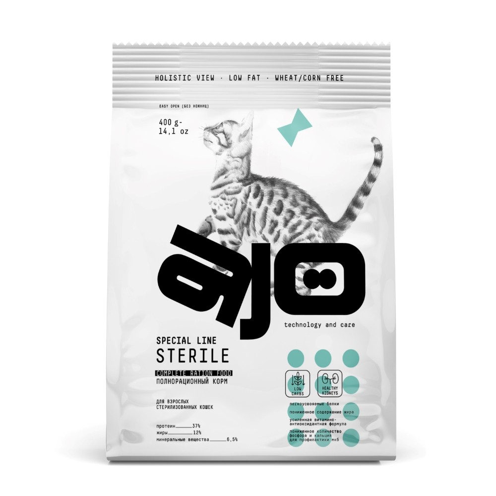 Корм для кошек AJO Cat Sterile для актив.и стерилиз., с высоким сод.белка, индейка с уткой сух. 400г