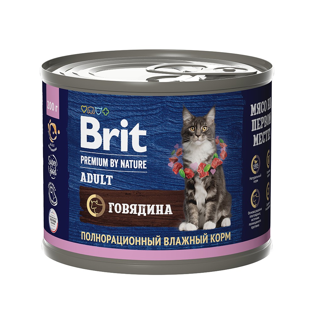 Корм для кошек Brit Premium by Nature мясо говядины банка 200г фото