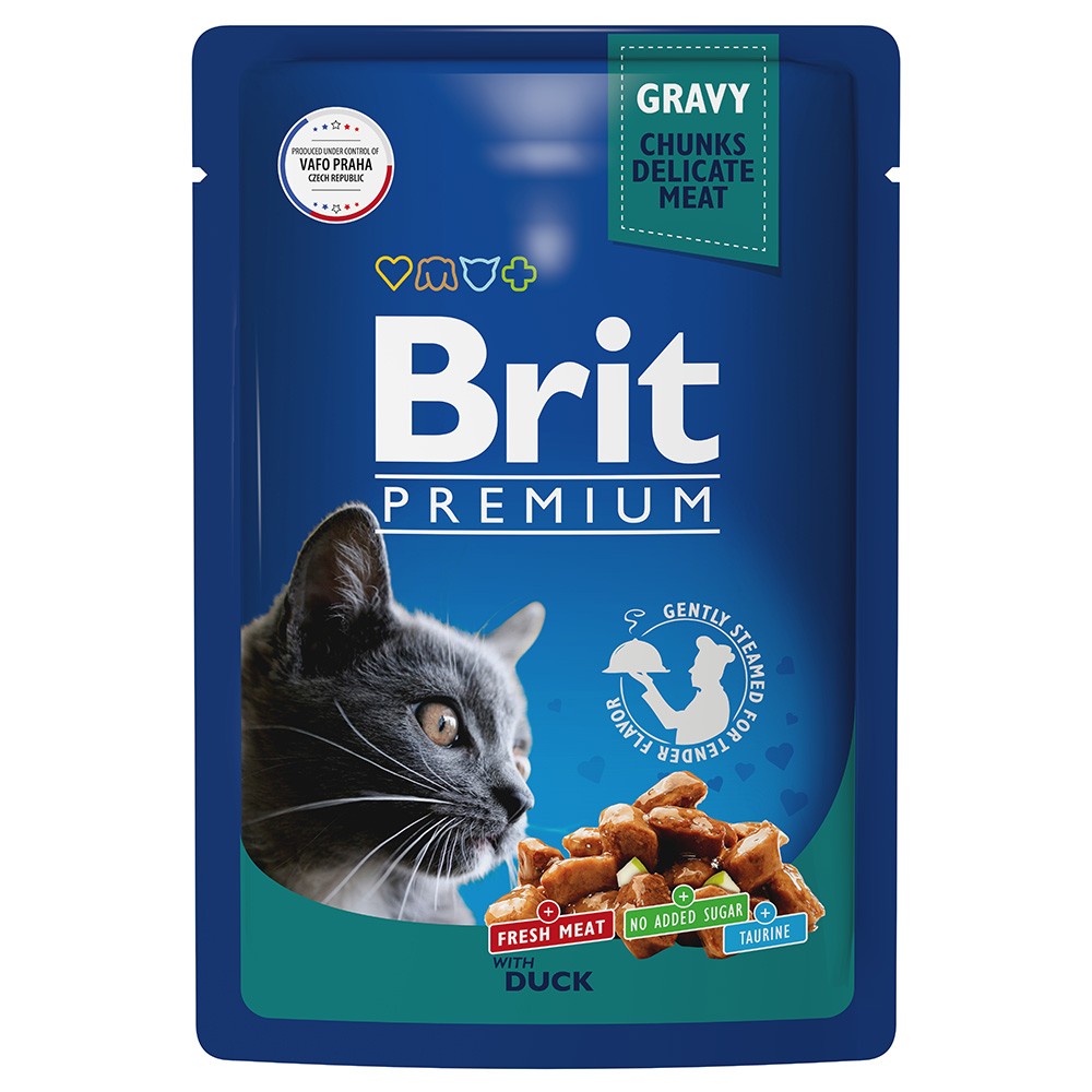 корм для кошек brit premium cat gravy кусочки из филе тунца в соусе пауч 85г Корм для кошек Brit утка в соусе пауч 85г