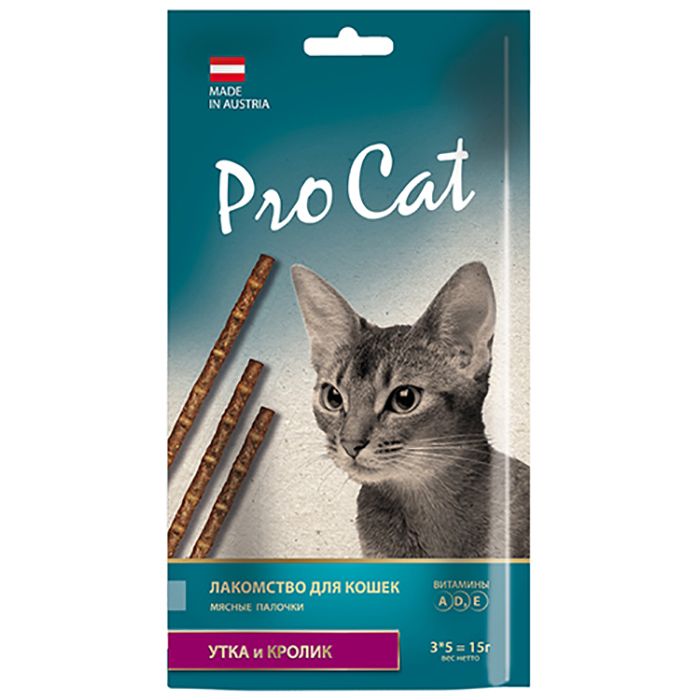 Лакомство для кошек Pro Cat Лакомые палочки с уткой и кроликом 13,5 см (3 шт х 5 г.) 15 г.