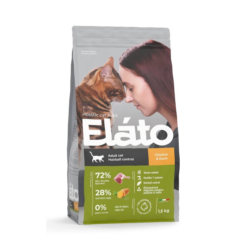 Корм для кошек Elato Holistic для выведения шерсти, курица, утка сух. 1,5кг корм для щенков elato holistic для средних и крупных пород курица утка сух 2кг
