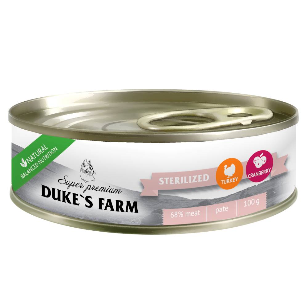 Корм для стерилизованных кошек DUKE'S FARM из индейки с клюквой и шпинатом 100г