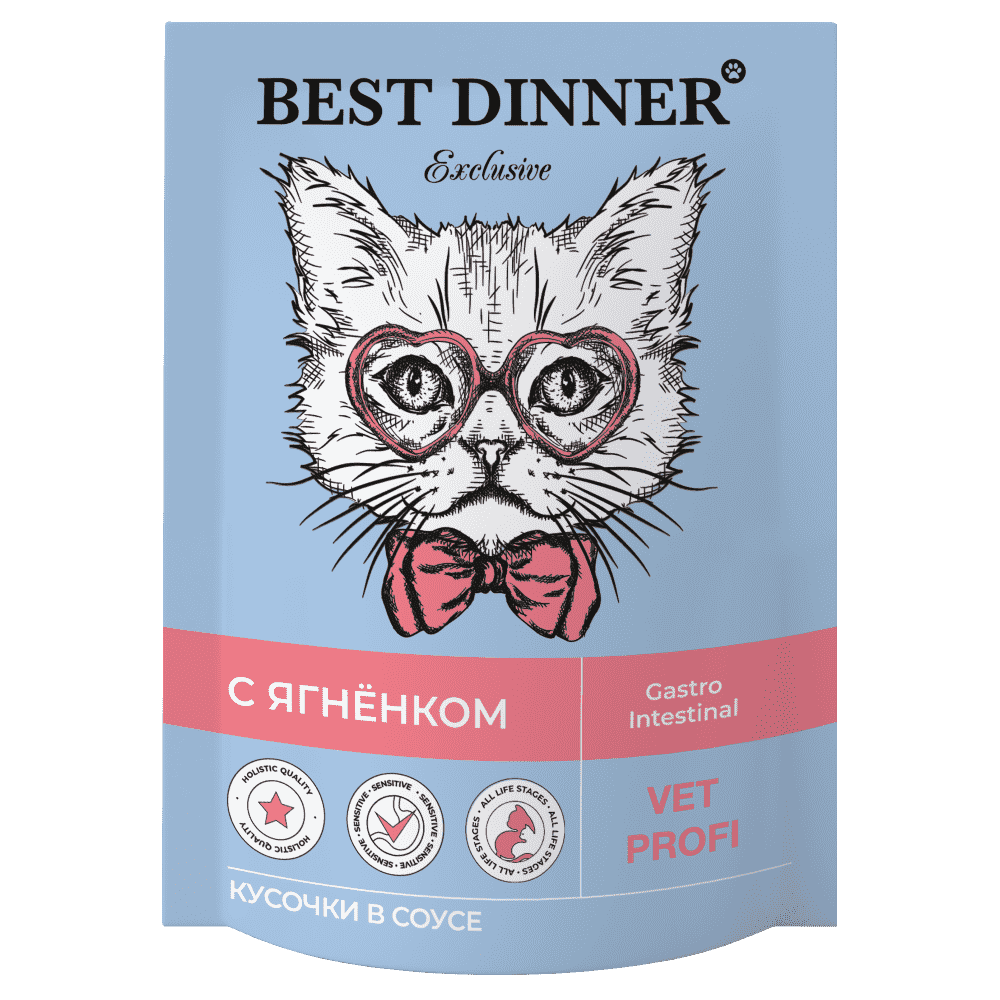 цена Корм для кошек Best Dinner Exclusive Vet Profi Gastro Intestinal кусочки в соусе с ягненком пауч 85г