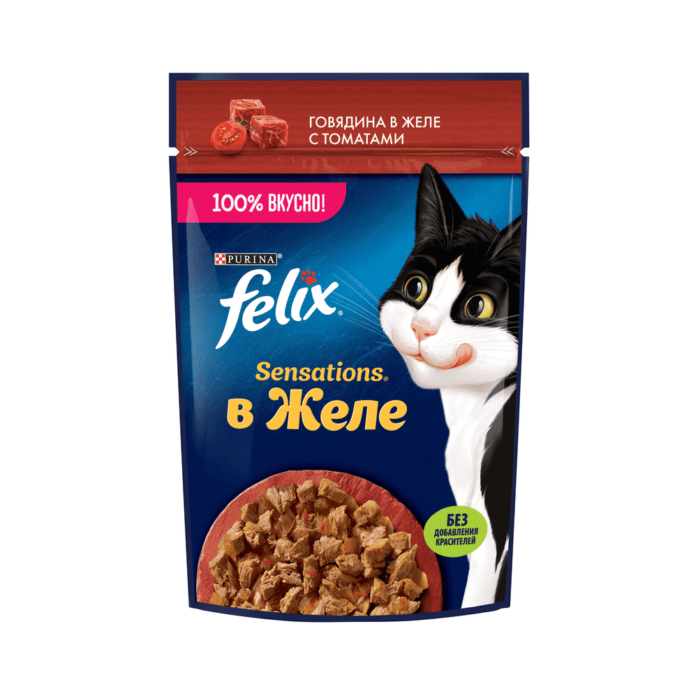 Корм для кошек FELIX Sensations Желе говядина с томатами пауч 75г корм для кошек felix аппетитные кусочки говядина пауч 75г