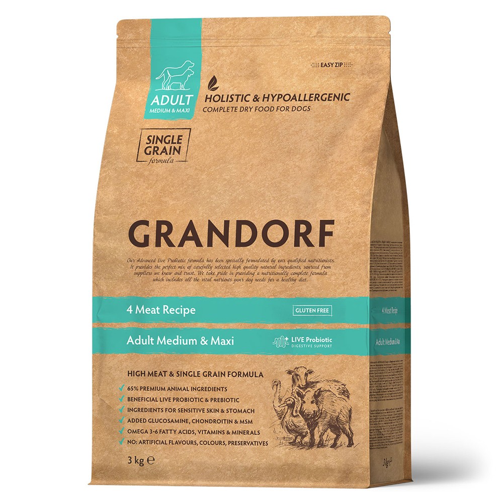Корм для собак GRANDORF Четыре вида мяса с пробиотиками, для средних и крупных пород сух. 3кг корм для собак grandorf для крупных пород ягненок с рисом сух 3кг