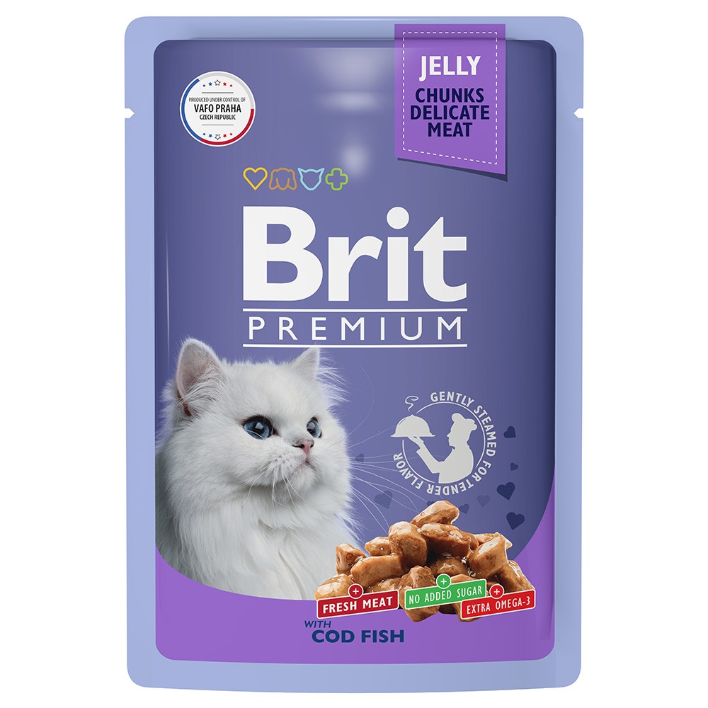 корм для кошек brit утка в соусе пауч 85г Корм для кошек Brit Premium треска в желе пауч 85г