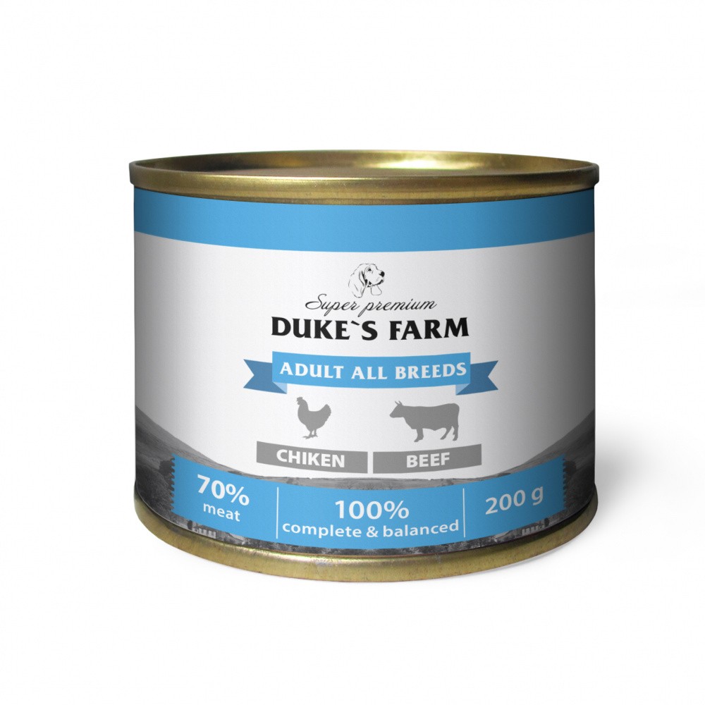 цена Корм для собак DUKE'S FARM Паштет из курицы с говяжьими потрошками банка 200г