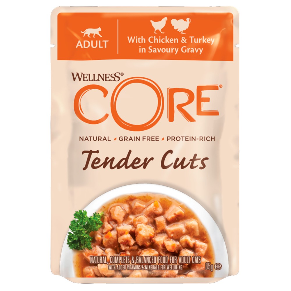 Корм для кошек CORE Tender Cuts нежные кусочки курицы и индейки в пикантном соусе пауч 85г