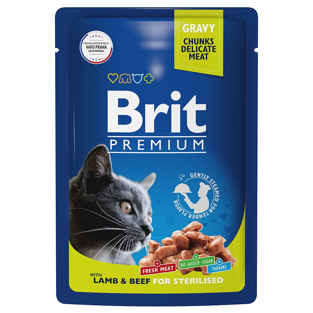 Корм для кошек Brit ягненок с говядиной в соусе пауч 85г корм для кошек brit premium треска в желе пауч 85г