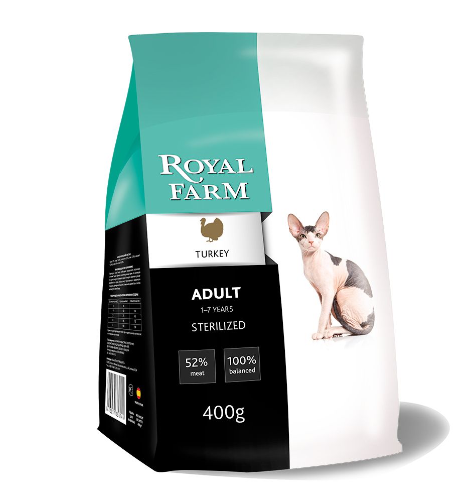 

Корм для кошек ROYAL FARM для стерилизованных, индейка сух. 400г, для стерилизованных, индейка сух. 400г