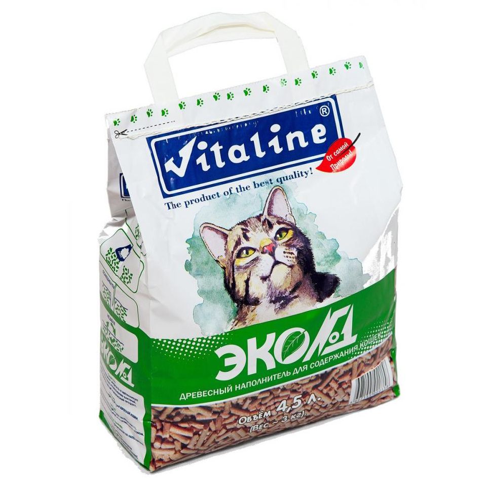 Наполнитель для кошачьего туалета VITALINE ЭКО №1 древесный, бум-пакет 3кг (4,5л)