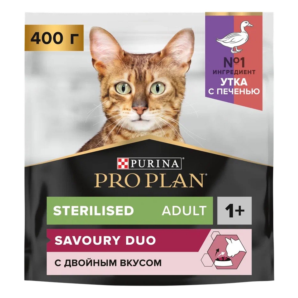 Корм для кошек Pro Plan Sterilised для стерилизованных, с уткой и печенью сух. 400г корм для кошек brit care delicious taste для привередливых индейка с уткой сух 400г
