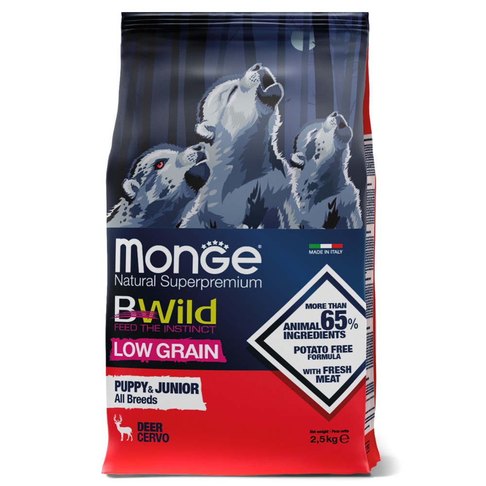 Корм для щенков Monge Dog BWild Low Grain низкозерновой, из мяса оленя сух. 2,5кг