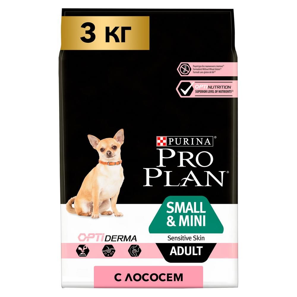 Корм для собак Pro Plan для мелких и карликовых пород с чувствительной кожей, лосось сух. 3кг цена и фото