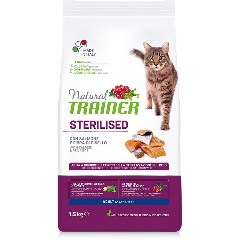 

Корм для кошек TRAINER, Natural Adult Sterilised для кастрированных, лосось сух. 1,5кг