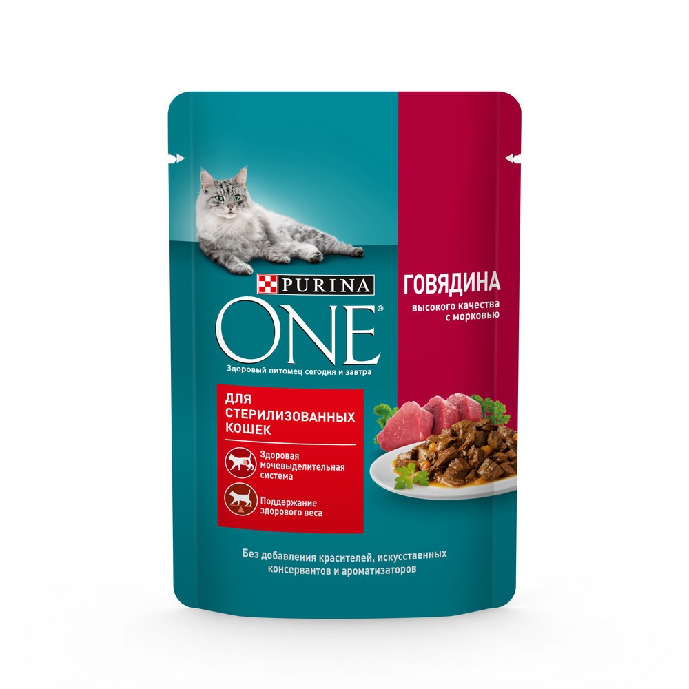 Корм для кошек Purina ONE Sterilised для стерилизованных, с говядиной и морковью в соусе пауч 75г