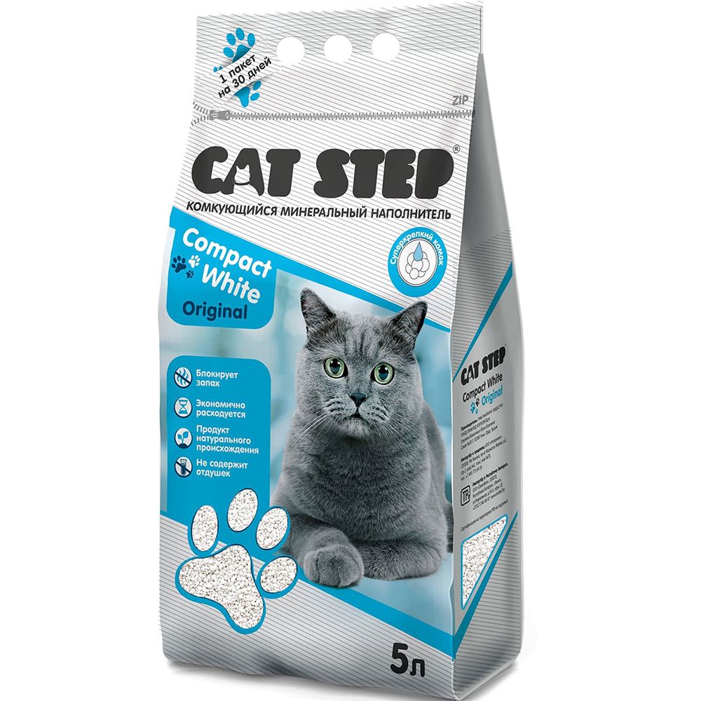 Наполнитель для кошачьего туалета CAT STEP Compact White Original комкующийся минеральный, 5л цена и фото